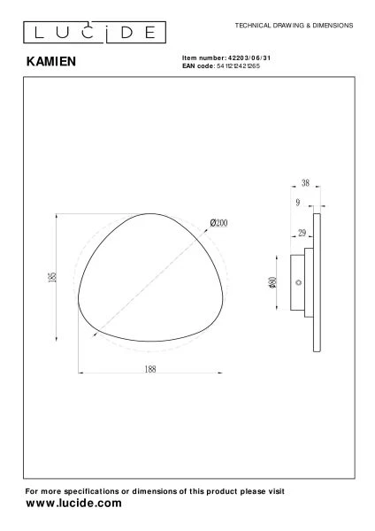 Lucide Premium KAMIEN - Lámpara de pared - LED - 1x6W 2700K - Blanco - técnico